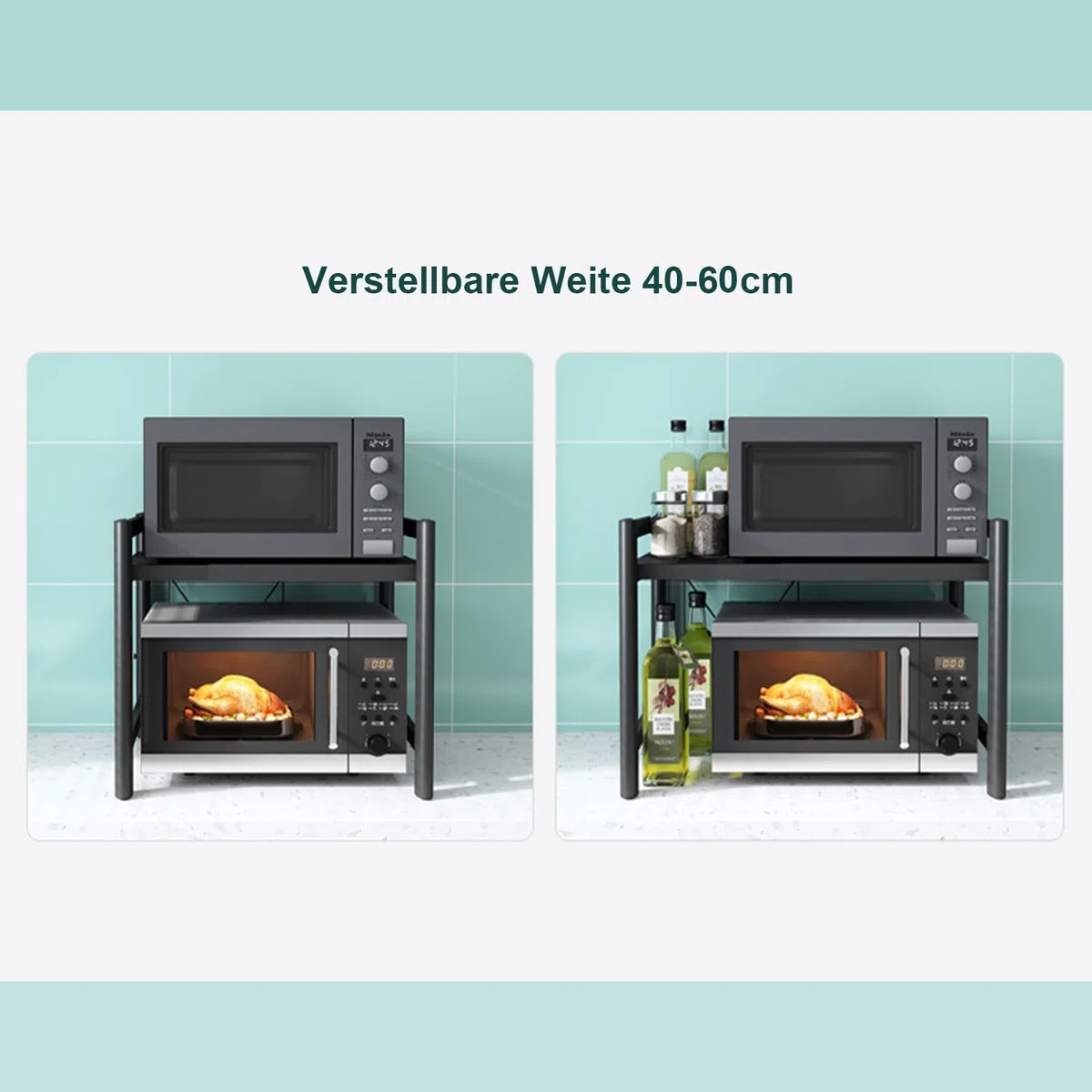 Verstellbares Mikrowellenregal, 2-Stufig Erweiterbares Küchen Mikrowelle Ständer Regal, Mikrowellenhalter aus Kohlenstoffstahl, Küchenaufbewahrung Organizer mit 6 Haken, Schwarz