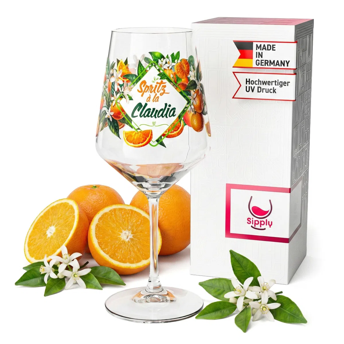 Aperitifglas Summer Vibes mit Orangen-Motiv personalisiert mit Name für Spritz Getränke Cocktails Wein Schorle Bowle oder Saft 0,5l
