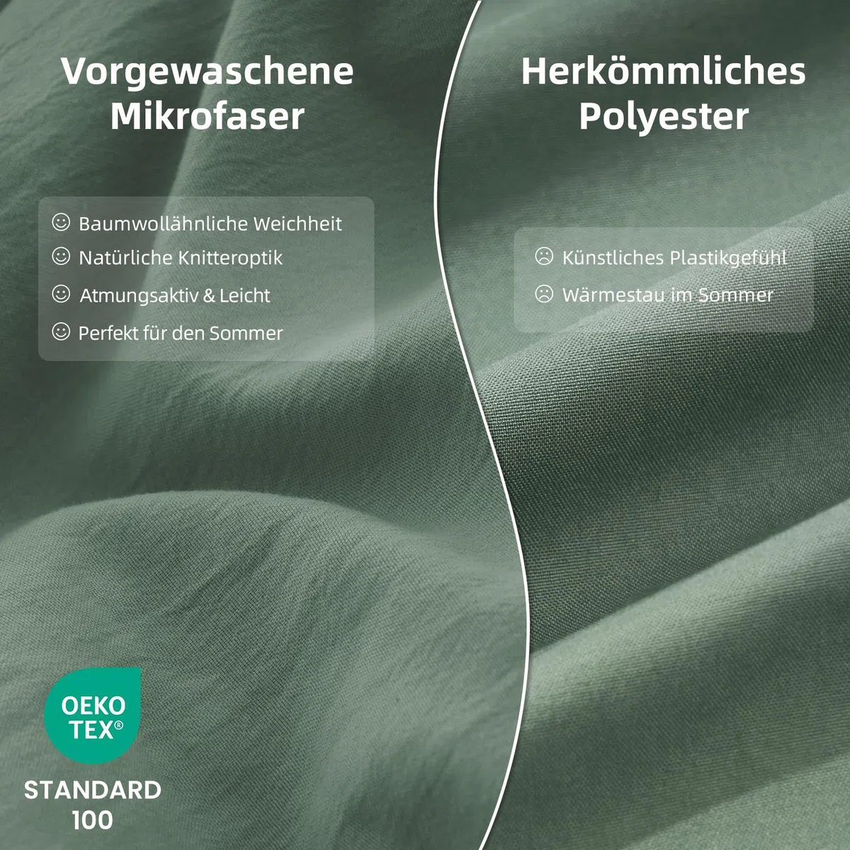 Bettwäsche 135x200 4teilig Superweiche Vorgewaschene Mikrofaser Baumwollähnlich ÖKO-TEX 2 Bettbezüge 135 x 200+2 Kissenbezüge 80x80-alle mit Reißverschluss Bettwäsche Salbeigrün Grün