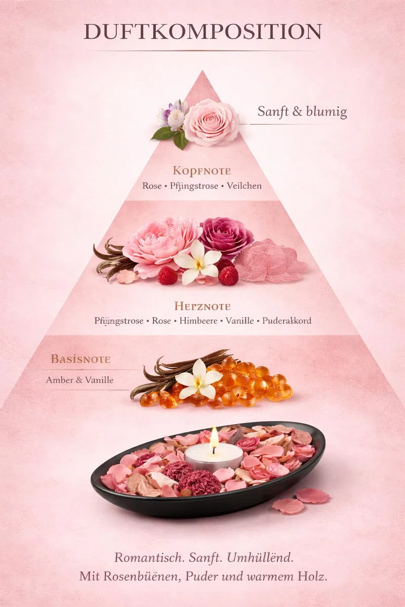 RaumWerk Premium Duft Potpourri Set Dusty Rose mit Schale & 3 Teelichtern – 60g Natur Potpourri – Elegante Dekoschale Schwarz – Floraler Raumduft für Wohnzimmer, Bad & Schlafzimmer – Geschenkidee