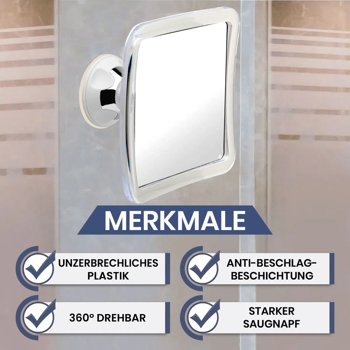 Mirrorvana Antibeschlag Duschspiegel mit Saugnapf, Bruchsicherer Rasierspiegel für die Dusche, Beschlagfreier Badspiegel, Unzerbrechlicher Rasierhelfer 16x16 cm