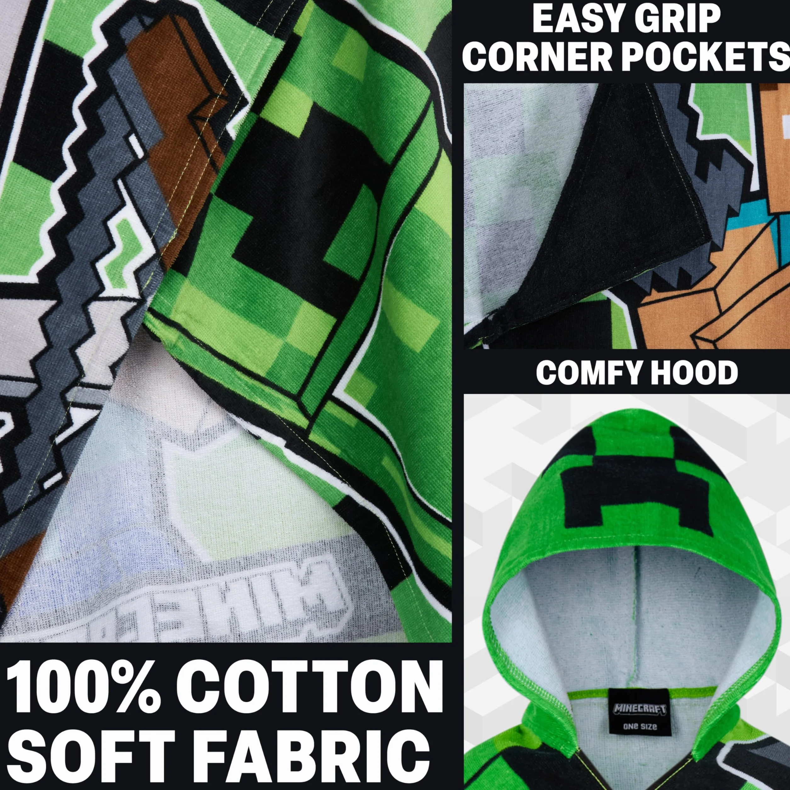 Minecraft Badetuch Kinder Kapuzenhandtuch Kinder Teenager Saugfähiger Creeper Badeponcho Mädchen Jungen für Strand Pool Schwimmen Gamer Geschenk (Grün/Schwarz, 6-14 Jahre)