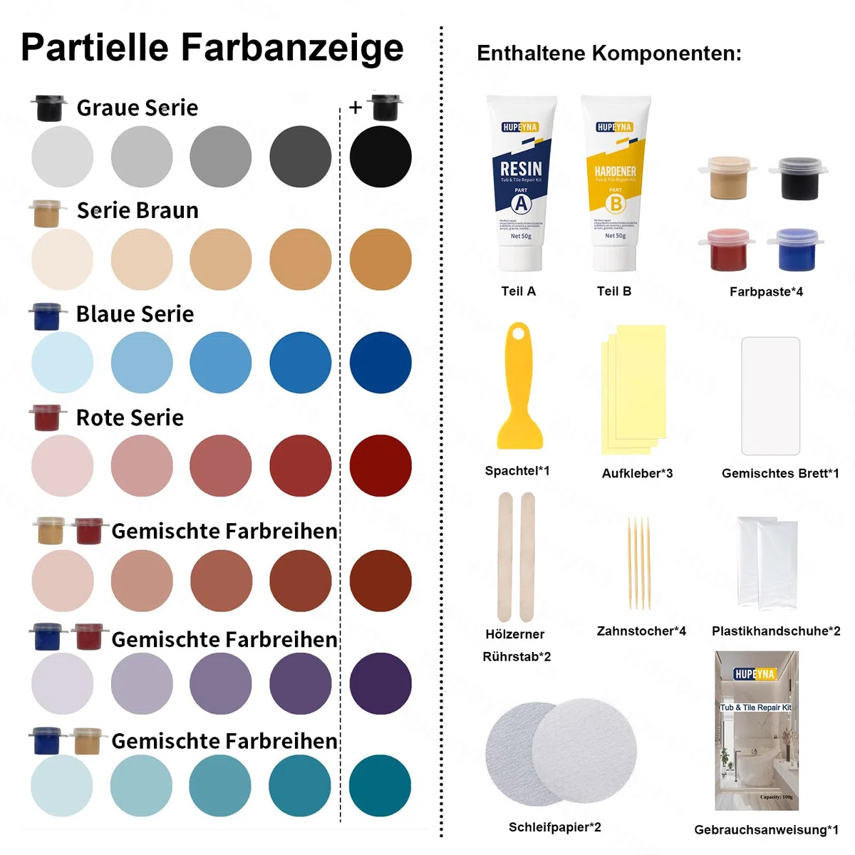 Fliesenreparaturset Weiß, Badewannen Reparaturset Acryl, Wasserdichtes Emaille Reparatur Set für Kratzer Löcher Risse Waschbecken Reparaturset Keramik Reparatur Set-Bietet Mehr Farboptionen