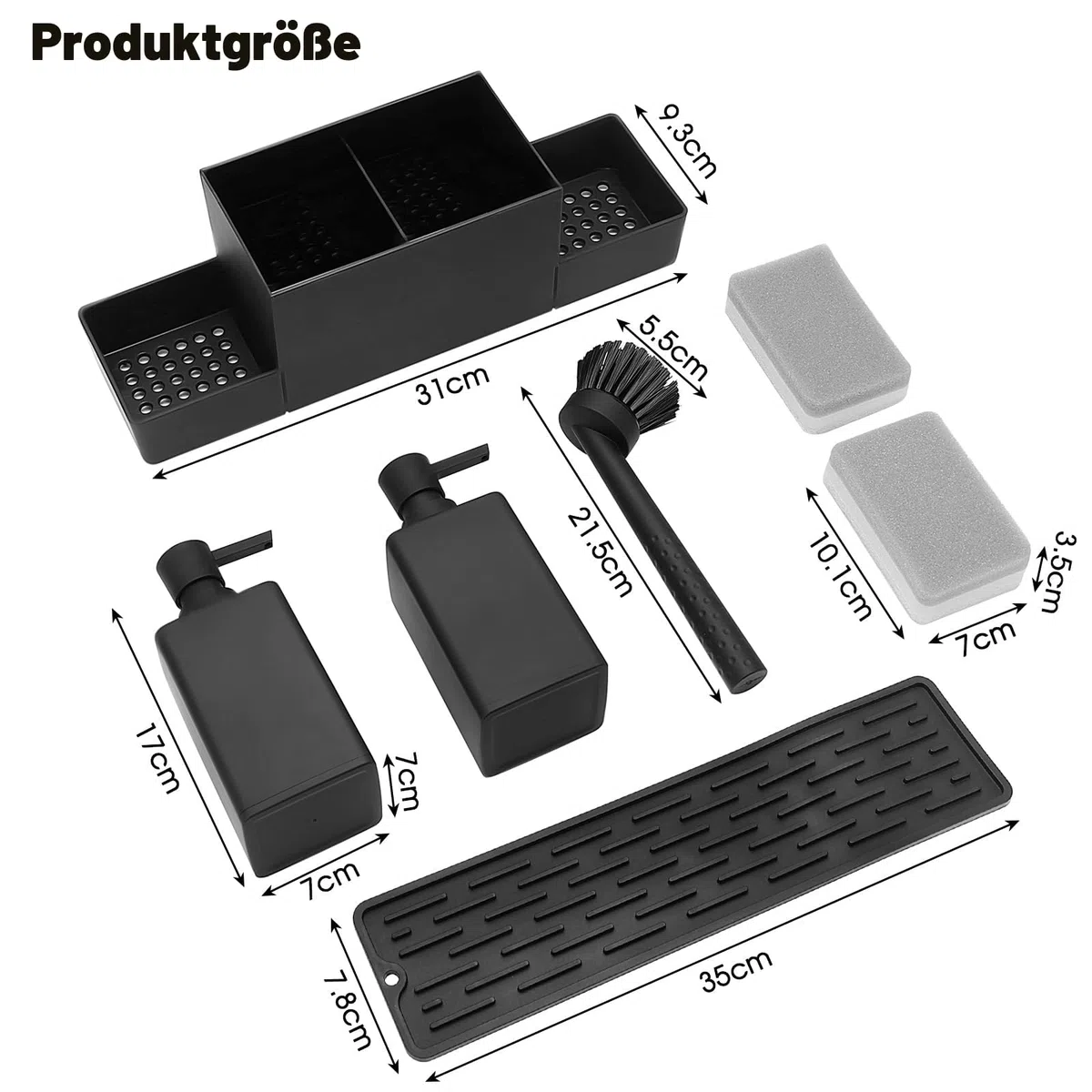 CAUTIOUS 350ML Seifenspender Schwarz Matt Spülbecken Organizer Spülmittelspender Küche Kunststoff Spülmittelspender mit Bürste und Spülschwamm Soap Dispenser Ausgestattet mit 3 Pumpenköpfen