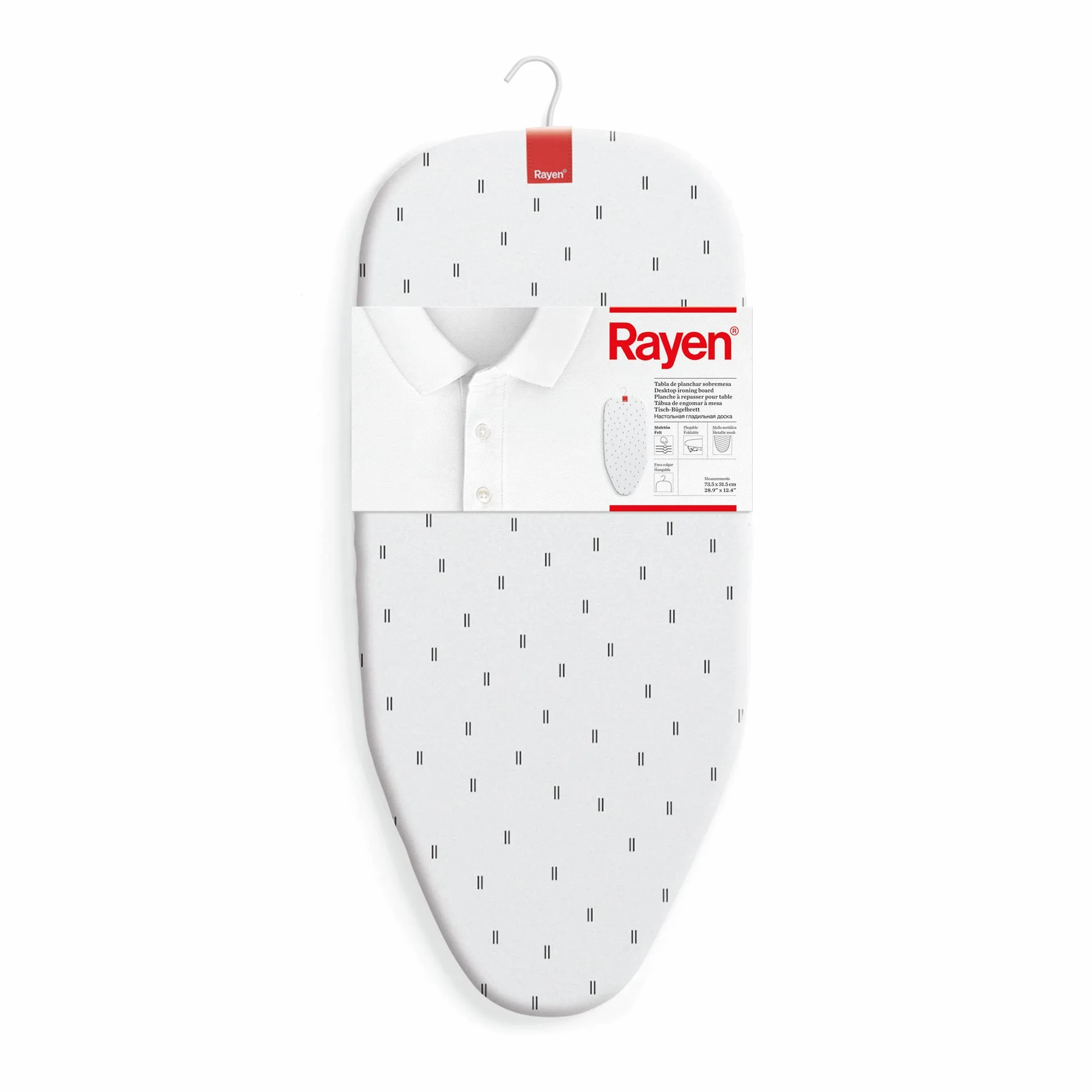 Rayen | Tischbügelbrett | Kompaktes Klappdesign | Mit Metallgitter | Aufhängbar | Bedruckt | Maße: 73,5 x 31,5 cm