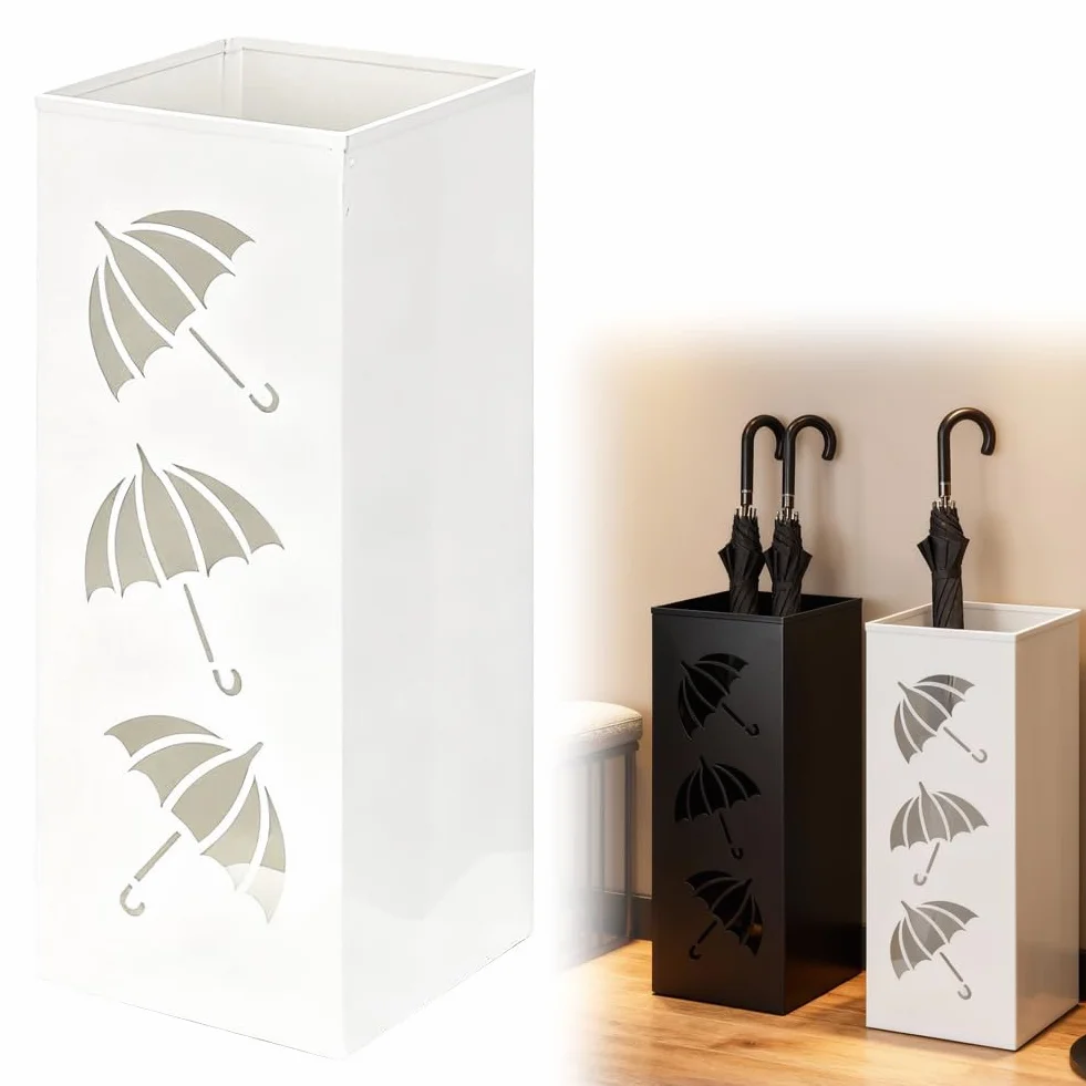 CEWROM Schirmständer, Regenschirmständer aus Metall, Wasserdichter und Rostfreier Quadratischer Freistehender Schirmständer Regenschirm, Abnehmbare Abtropfschale für Haus, Büro, Eingangsbereich (Weiß)