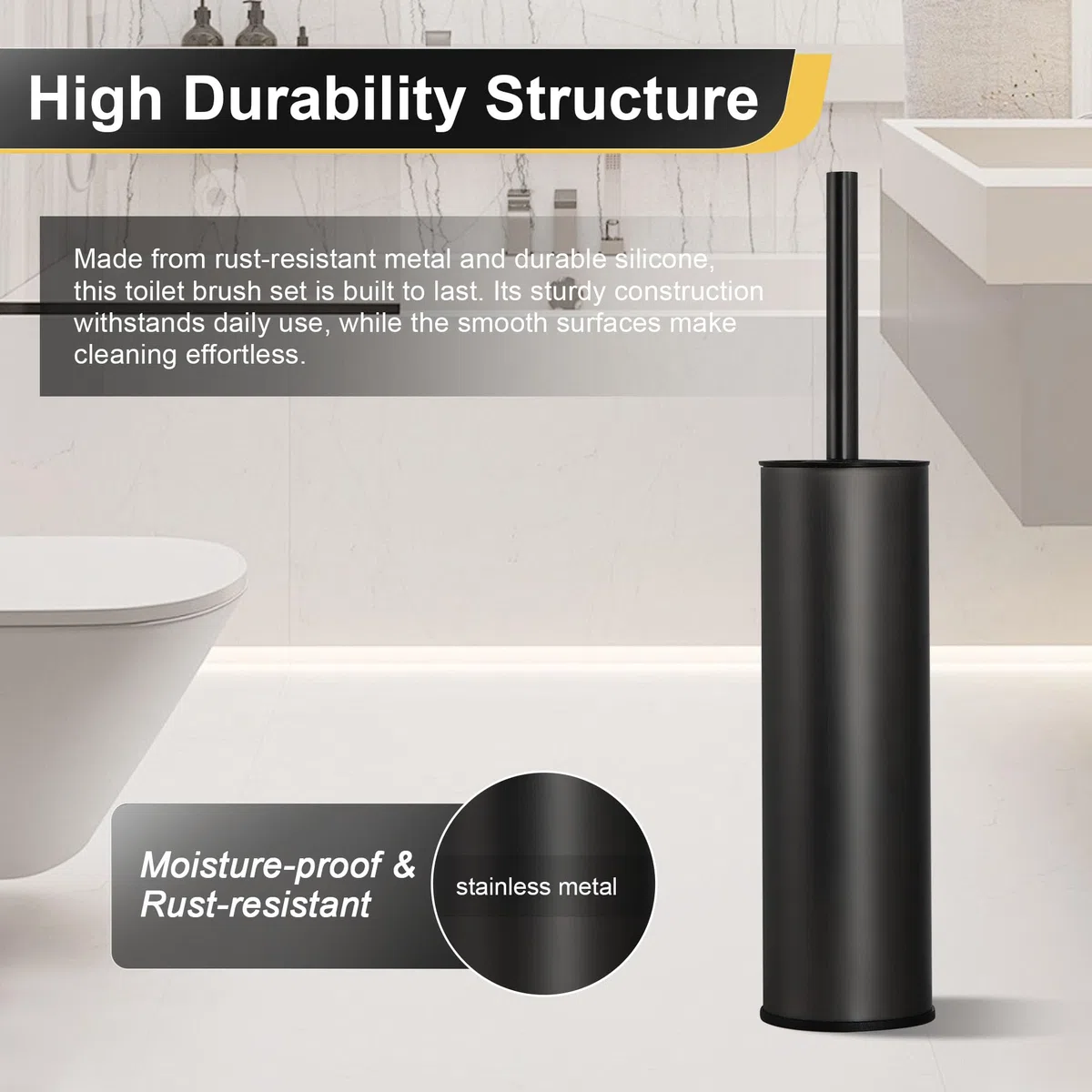 DAZI Klobürste freistehende metallisch, Schwarze Matte Toilettenbürste mit 2 Langen WC-Bürsten für eine Tiefenreinigung des Waschbeckens, Klobürste schwarz mit Tropf- und Verstopfungshemmung.