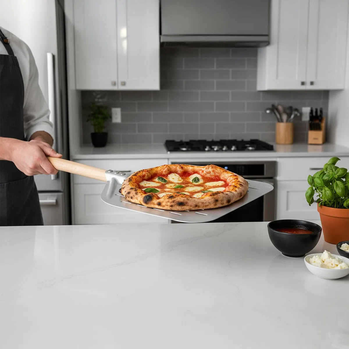 Pizzaheber: Perforierter Pizzaschieber mit Aluminium-Schaufel & Holzgriff, Ø 30 cm (Pizzaschieber Edelstahl, Hölzer, Backofen)