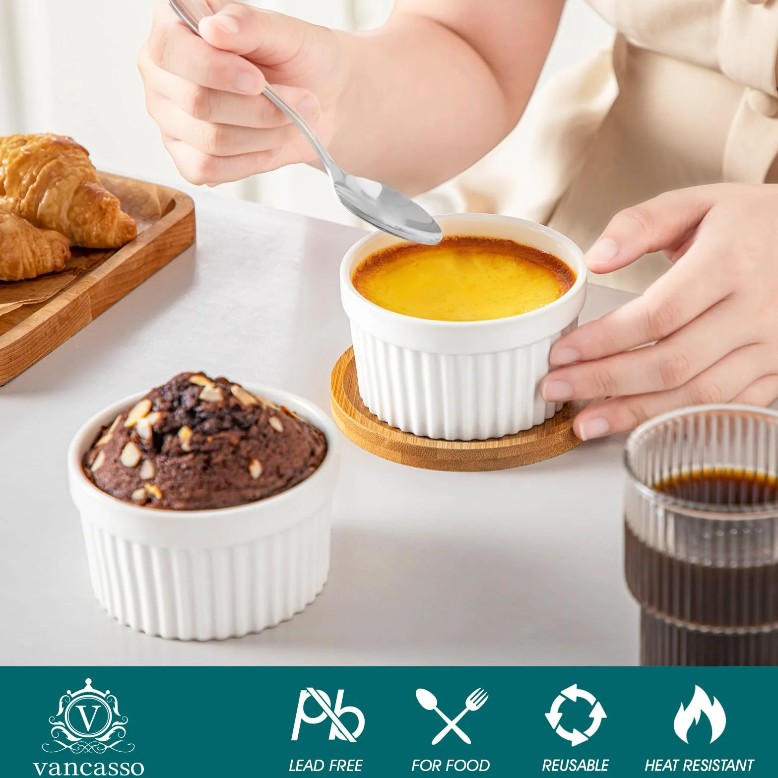 vancasso RAMEKINS 200ml Soufflé Förmchen Set von 6, Ø9,5cm Creme Brulee Schälchen Backofen sicher, Porzellan Soufflés mit Deckel, Kleine Keramik-Schalen, Mini Auflaufformen zum Backen, Weiß