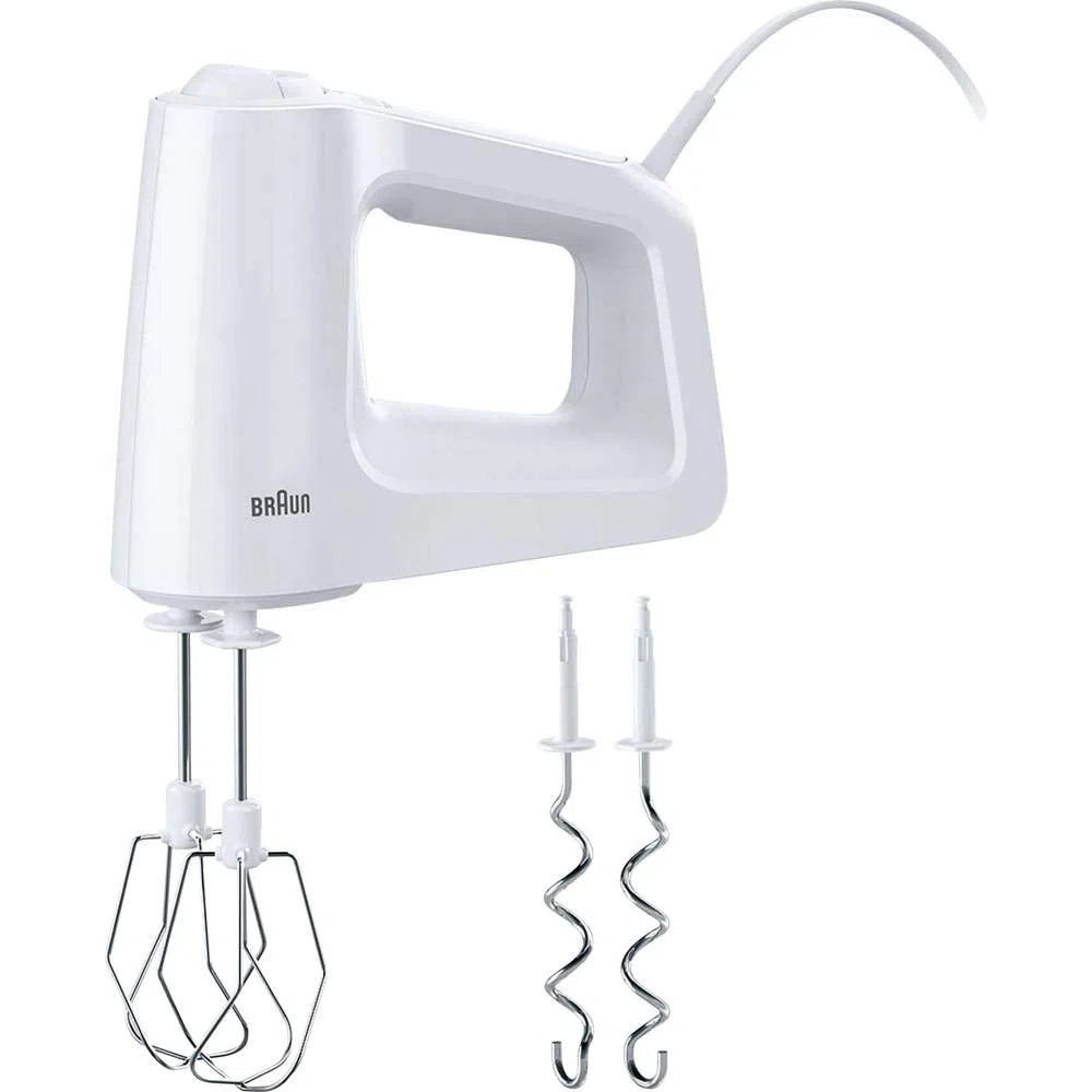 Braun MultiMix 3 HM 3000 Handmixer – Handrührgerät mit 5 Geschwindigkeitsstufen & Turbo-Funktion, inkl. Schneebesen und Knethaken, 450 Watt, weiß