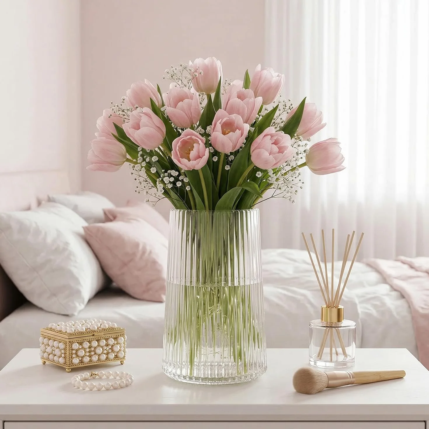 Klarglas-Vase für Blumen, Glasblumen-Vase, Blumenvasen für Bouquet, moderne gerippte Vasen für Wohnzimmer, Esszimmer, Kaffeetisch, Büro, Hochzeit, 20CM