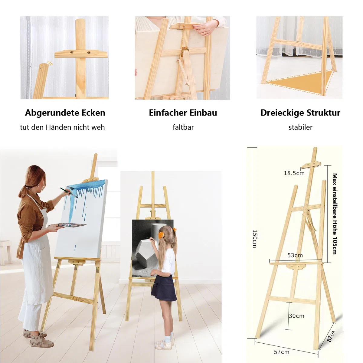 Jupitor Staffelei, 150cm Holzstaffelei für Kinder und Erwachsene, Kiefernholz, Leinwand Ständer, Hochzeit, Fasst bis zu 100 cm Leinwand