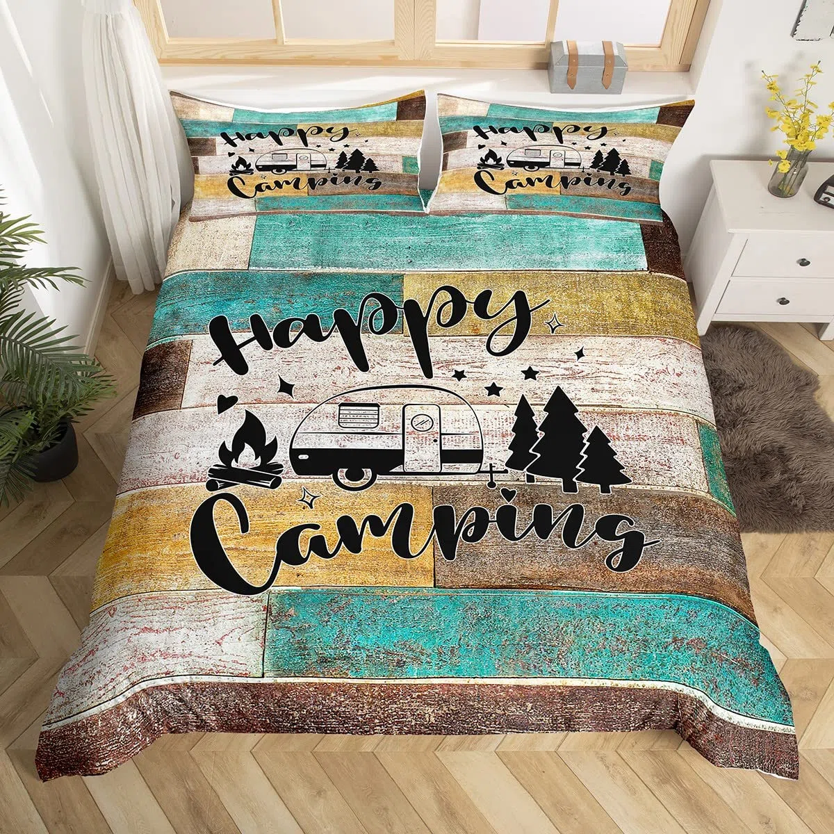 Glückliche Camping Auto Bettbezug Set L Größe,RV Camper Anhänger Dekor Bettwäsche Set Kinder Jungen Mädchen,Vintage Holz Plank Kabine Tröster Abdeckung,Rustikale Bauernhaus Quilt Cover,2 Kissenbezug