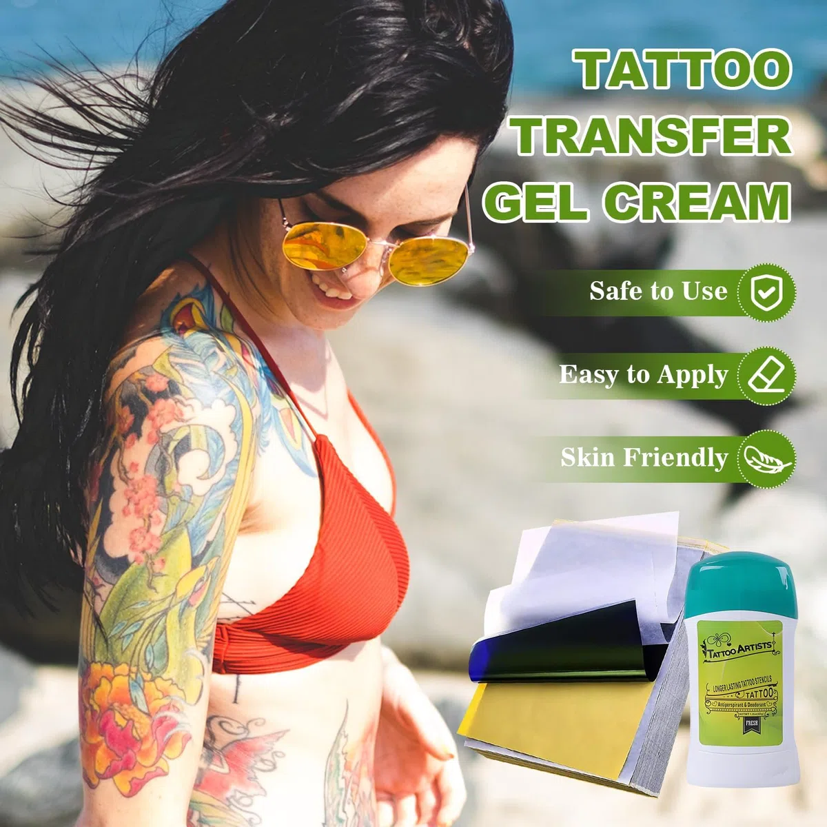 Tattoo Transfer Kit, 50 Blatt Stencil Paper & 2 Transfer Gel (102g) - Professionelles 4-Lagen Papier und Pflanzliches Gel, Hygienischer Drehauf-Spender für Anfänger & Profis