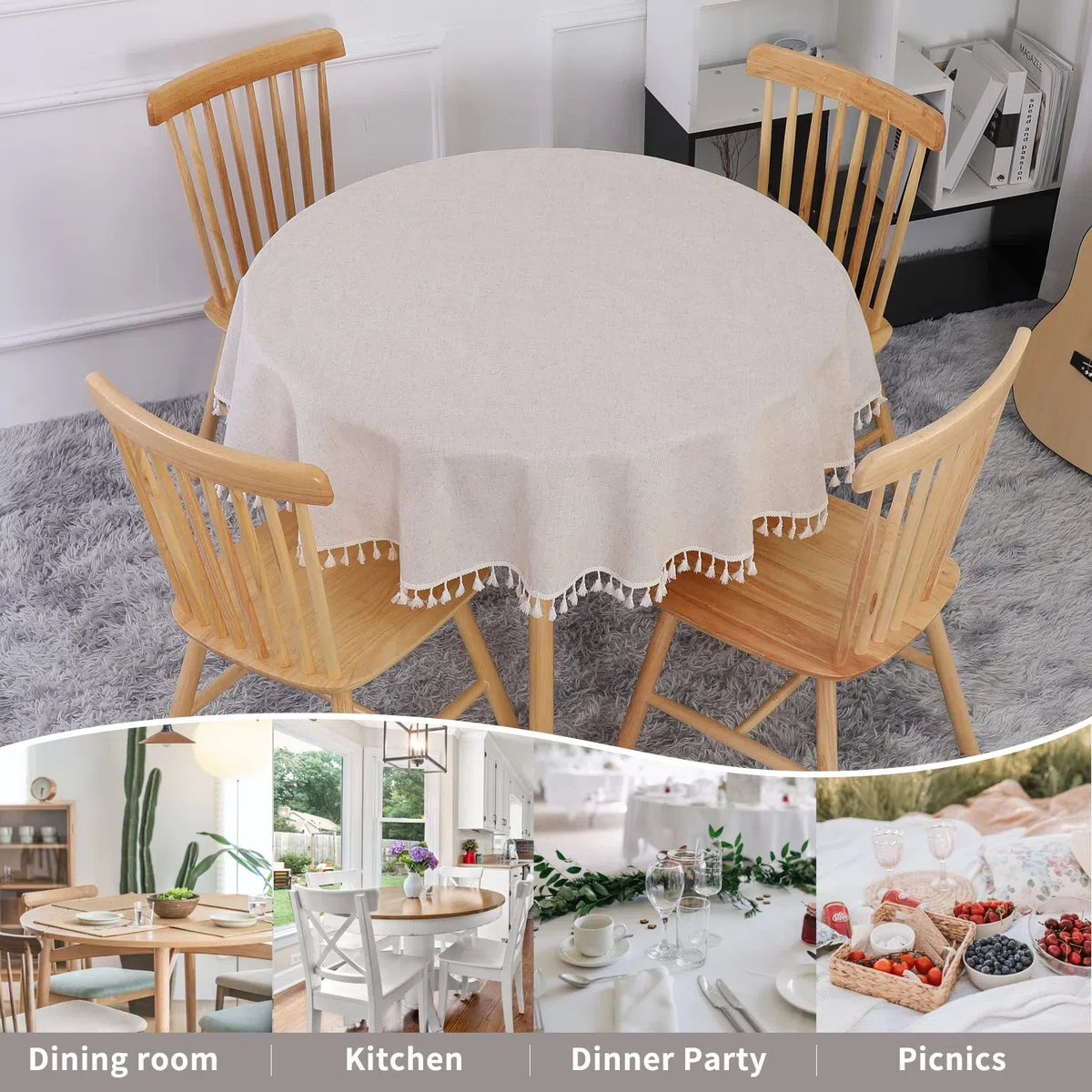 SUCHDECO Tischdecke Rund 120 cm Tischdecke Beige Leinen Baumwolle Tischdecke Runde Abwaschbar Knitterfrei Tischtuch mit Quasten für Küche, Esszimmer, Esstisch, Couchtisch, Gartentisch