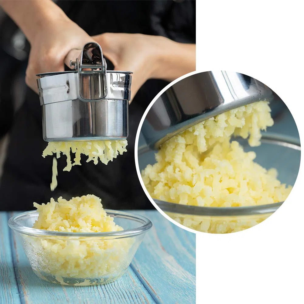 Kartoffelpresse aus Edelstahl, Spätzlepresse Kartoffelstampfer Set für Kartoffelpüree, Obstsäfte, Gemüsebrei, mit 3 Lochscheiben (Fein/Mittel/Grob), Spülmaschinenfest, Länge 27cm