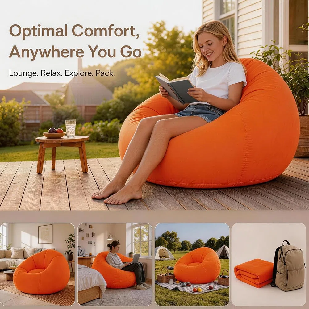 Aufblasbarer Sitzsack, Aufblasbares Stuhl Sofa, Sitzsack Aufblasbar, Aufblasbarer Lounge Sessel, Tragbare Aufblasbarer Stuhl für Wohnzimmer, Schlafzimmer, Garten Camping (Orange)