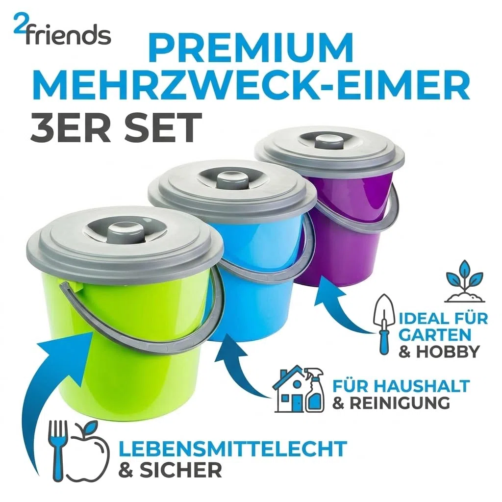 Eimer mit Deckel 10l 3er Set, Kübel mit Deckel Putzeimer 10l Kunststoff, Lebensmittelecht, Stapelbar, Made in EU