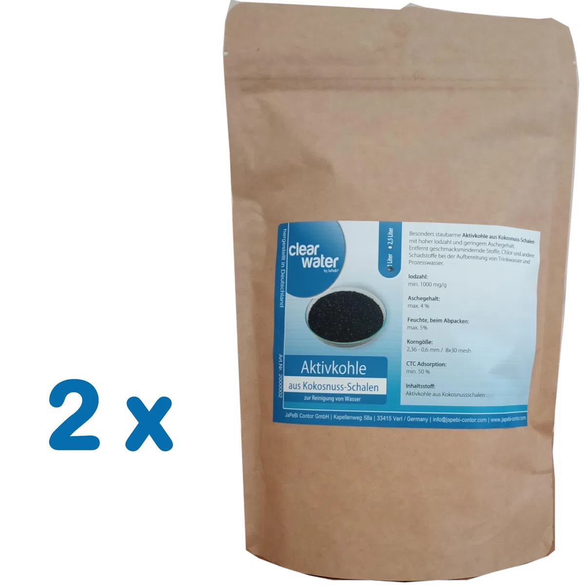 2L / 1kg Aktivkohle Granulat aus Kokosnussschalen, 8x30 mesh – Hochwertige Filterkohle zur Wasserreinigung für Trinkwasserfilter