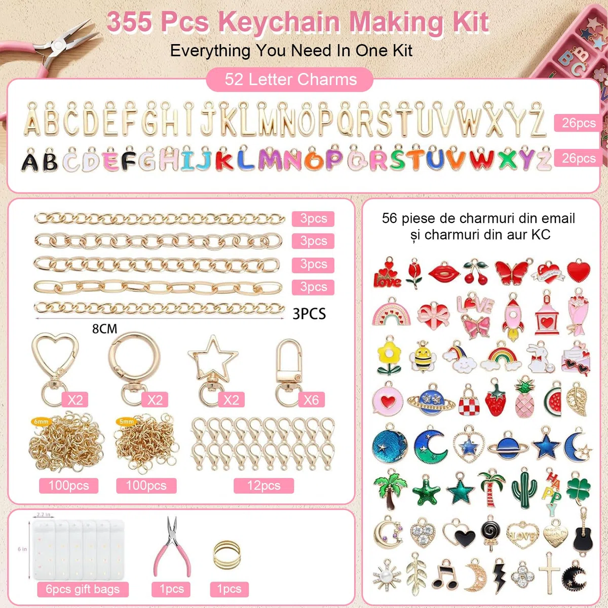 355 Stück DIY Schlüsselanhänger Bastelset, Komplett Handmade Set mit Zange, Sprungringen, Ketten und Geschenktüten, Bastelmaterial für Taschenanhänger, personalisierte Geschenke & Party Mitbringsel