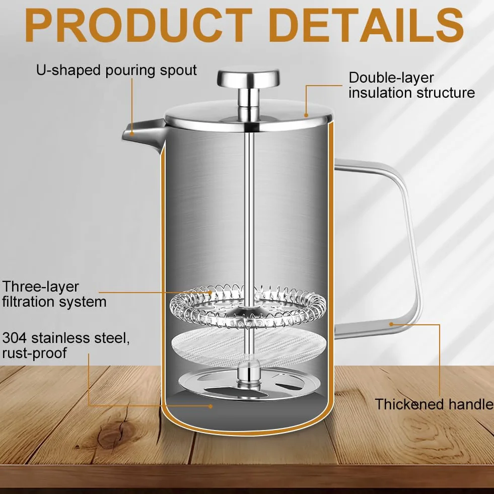 HOTUT French Press Kaffeebereiter, 350 ml Edelstahl Französische Presse mit Löffel, Ersatzfilter, Klein Kaffeezubereiter Doppelwandige, kaffeekanne thermo für Zuhause Reisen Camping