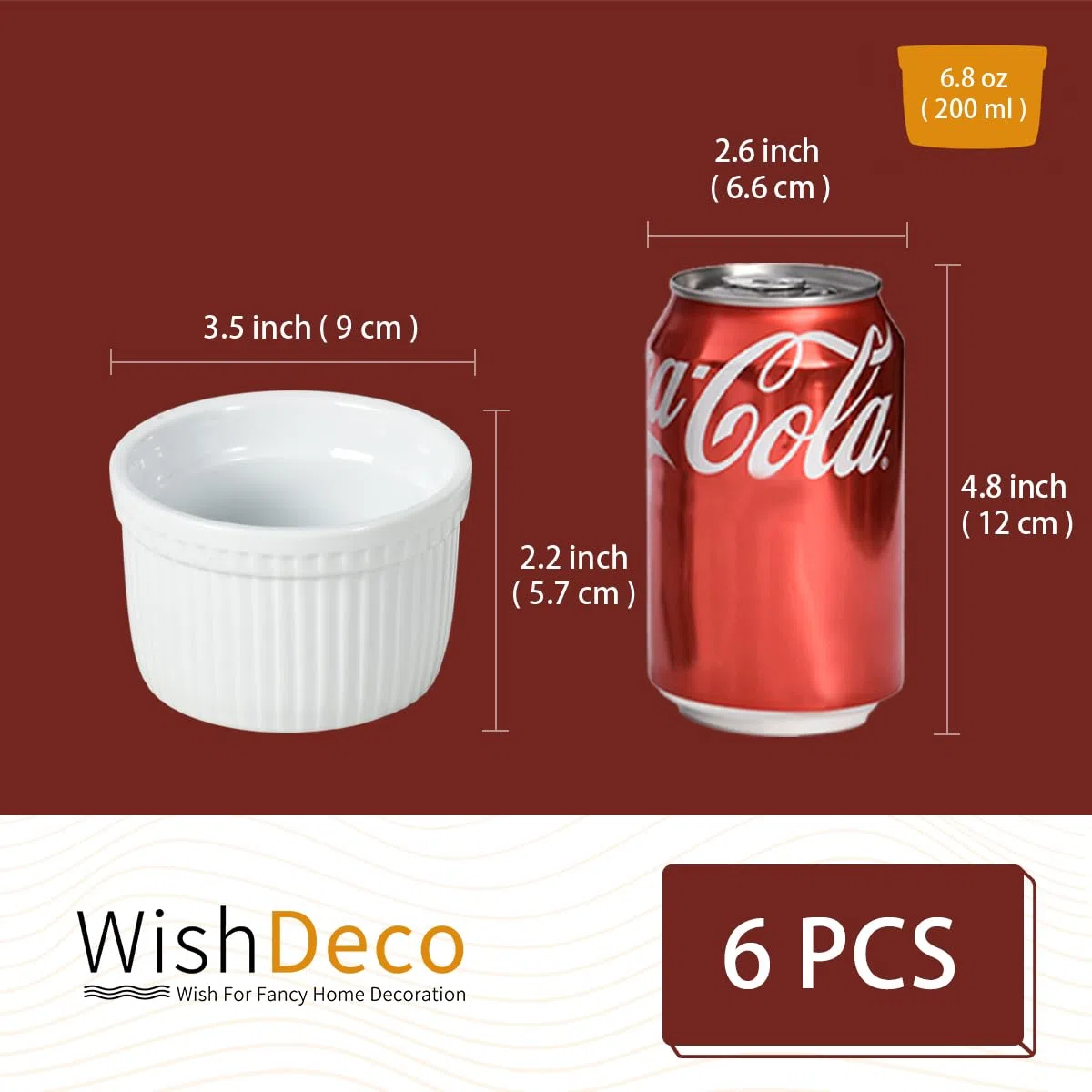 WishDeco Creme Brulee Schälchen 6er Set, Souffle Förmchen Porzellan 200ml, Kleine Dessertschalen, Dipschalen Weiß, Auflaufform Keramik für Muffins, Pasteis
