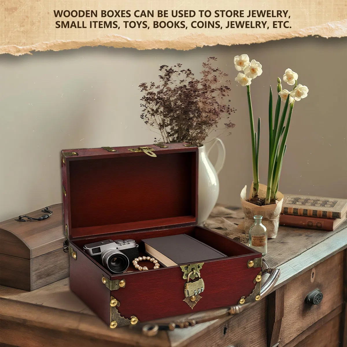 Vintage Schatztruhe Holz mit Zahlenschloss, Schmuckkästchen Aufbewahrungsbox, Schatzkiste für Dekoration, Aufbewahrung, Hochzeit und Escape Room (Rötlichbraun)
