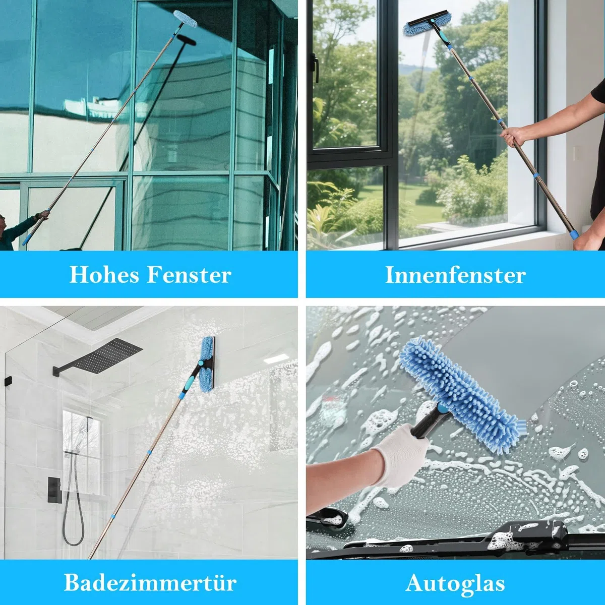 Terafeels 170cm Teleskop Fensterwischer Abzieher Set, 2 in 1 Teleskopstange Fensterreinigung ür Innen und Außen Hohe Fenster Autoglas (Blau)