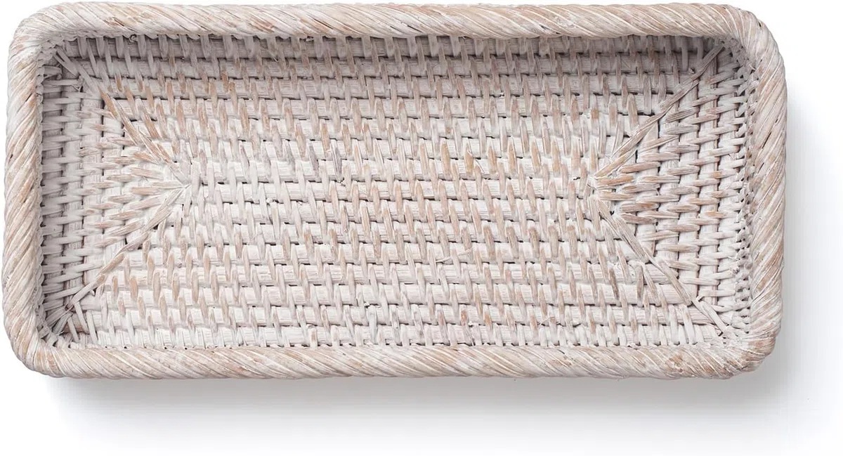 Rattan Badezimmer Tablett, Toilettentank Korb, Gewebter Badezimmer Aufbewahrungskorb zum Organisieren und Dekoration (Weißwäsche, 26 x 12.5 x 4 cm)
