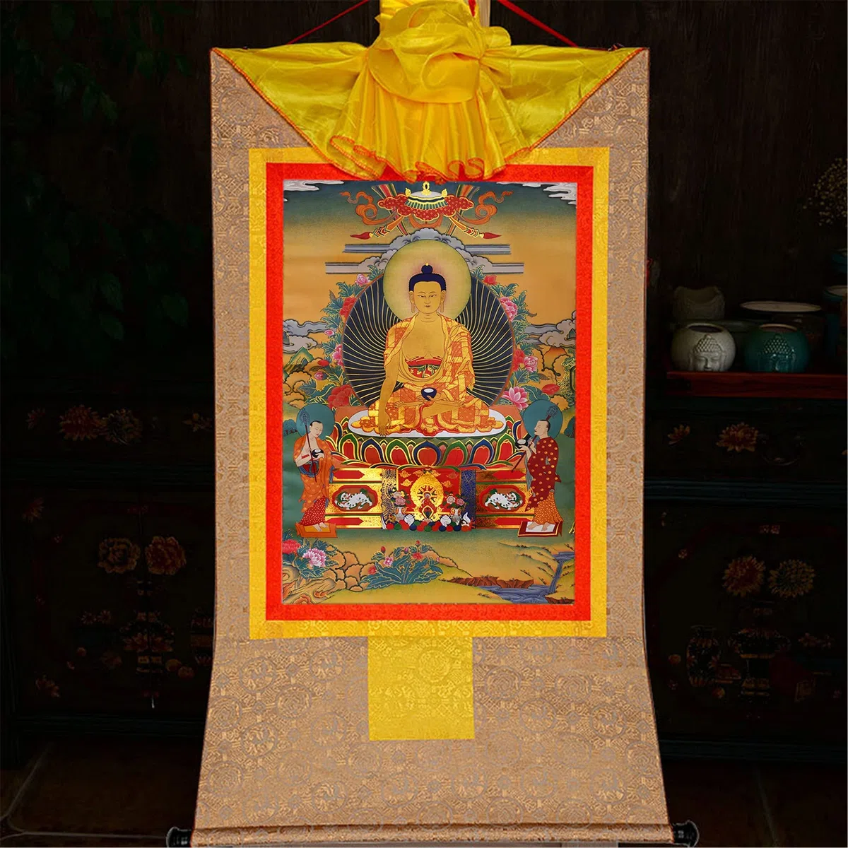 Gandhanra Thangka Tibetische Wandbehang,Shakyamuni Thangka,Heißgeprägter Buddha Wandteppich für Zen Wohnkultur, Meditation, Spirituelle Entspannung und Ruhe