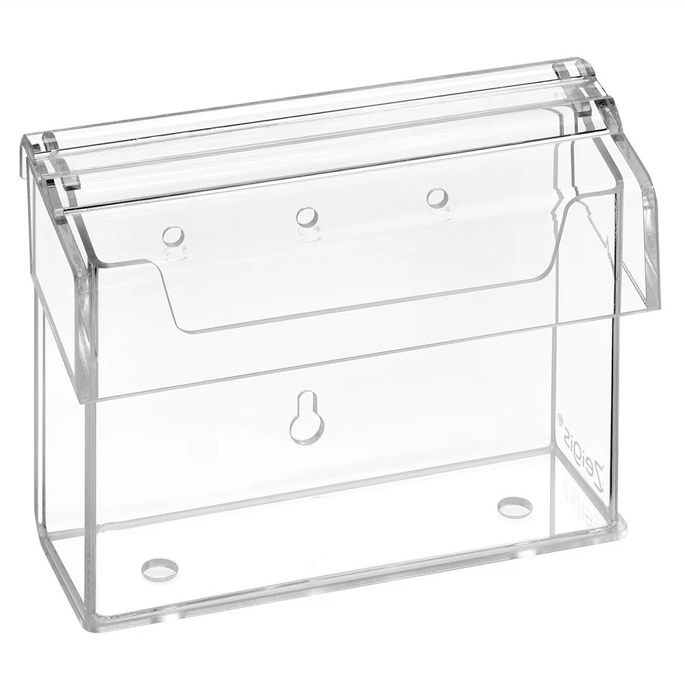 Zeigis DIN A6 Prospektbox/Prospekthalter/Flyerhalter im Querformat, wetterfest, für Außen, mit Deckel, aus glasklarem Acrylglas