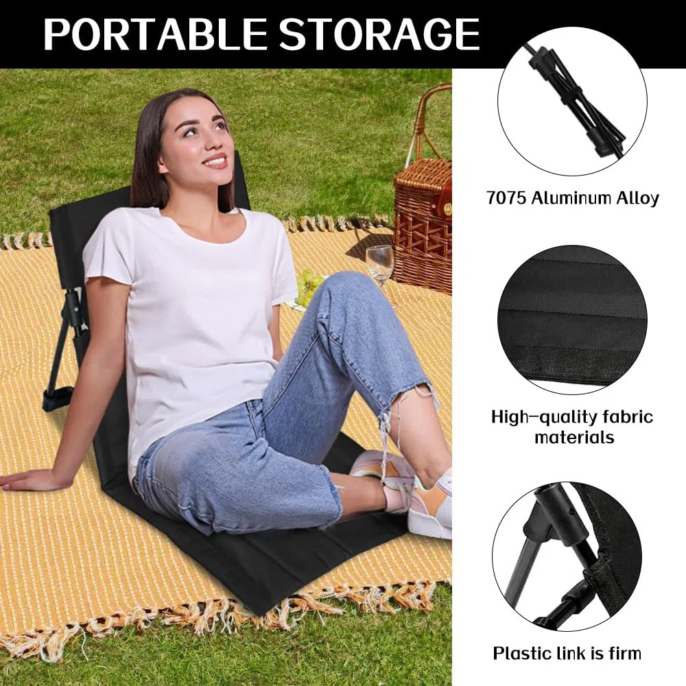 Strandmatte mit Rückenlehne, Bodenstuhl Gefaltetes Sitzkissen mit Tasche, Strandliege Klappbar Leicht Verstellbare, Tragbar Strandmatte Klappbar für Garten Camping Picknick Strand (Schwarz)