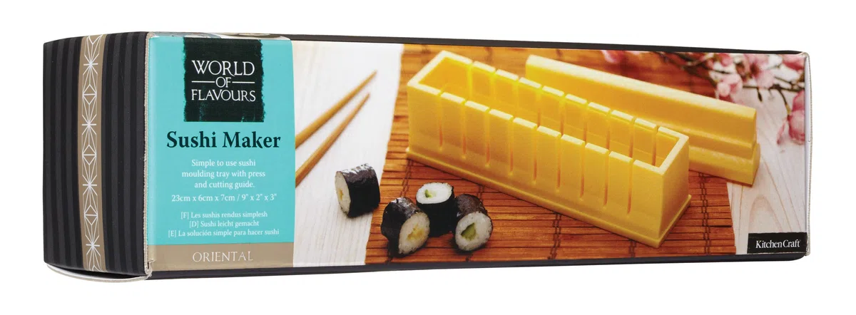 KitchenCraft World of Flavours Sushi-Maker Set in Geschenkbox mit Rezeptbroschüre - gelb - Sushi Set zum selber machen