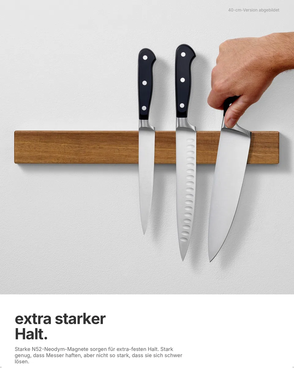 LARHN Magnetleiste für Messer, Magnetischer Messerhalter Wand, Selbstklebend aus Akazienholz, 30 cm