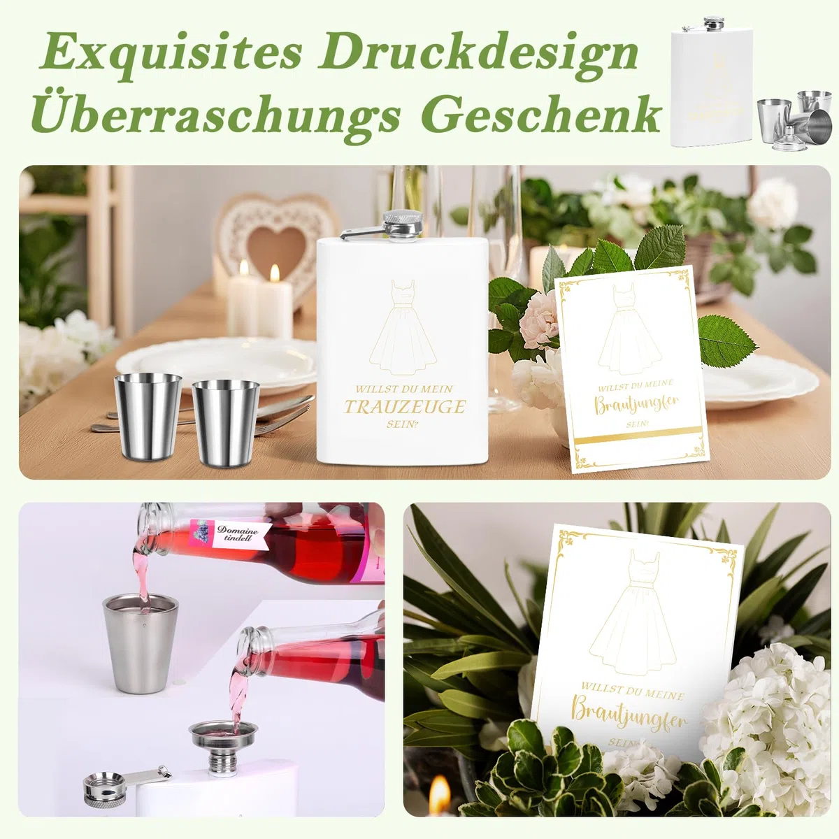 8 Stück Trauzeugin Fragen Flachmann Willst Du Meine Trauzeugin Sein Mit Karte 8oz Flachmann Mit Gravur Weiß 4 Becher Trichter In Schwarzer Geschenkbox Geschenk Edelstahl Schnapsgläser für Hochzeit JGA