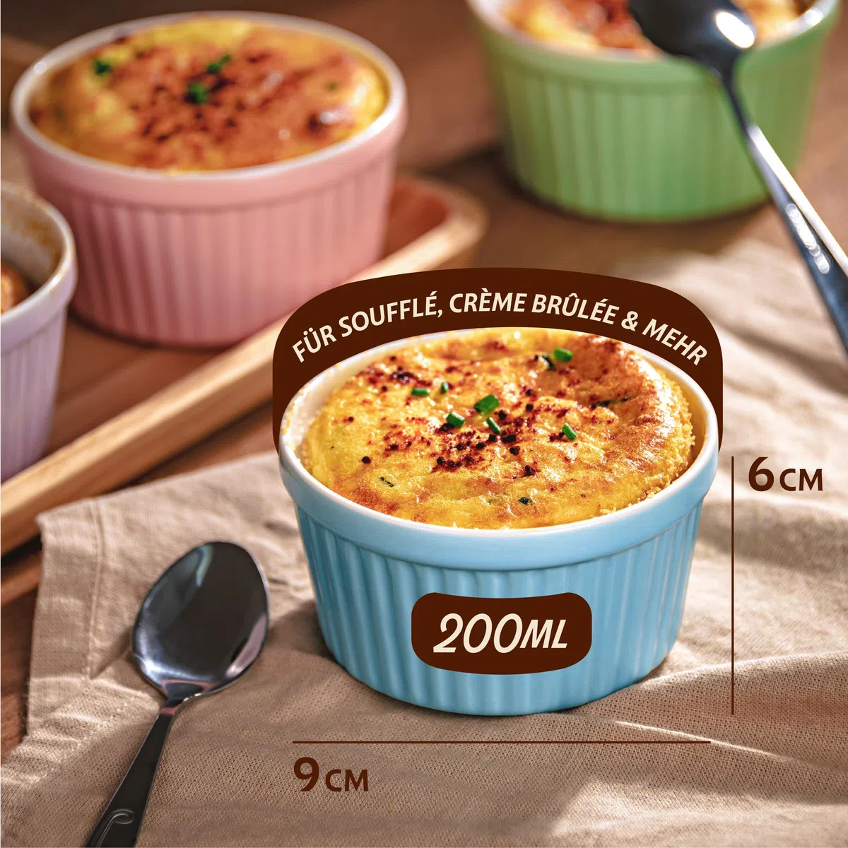Praknu 6 Souffle Förmchen aus Keramik - Backofenfest - 200 ml - 9 cm - Stapelbar - Mit Antihaftbeschichtung