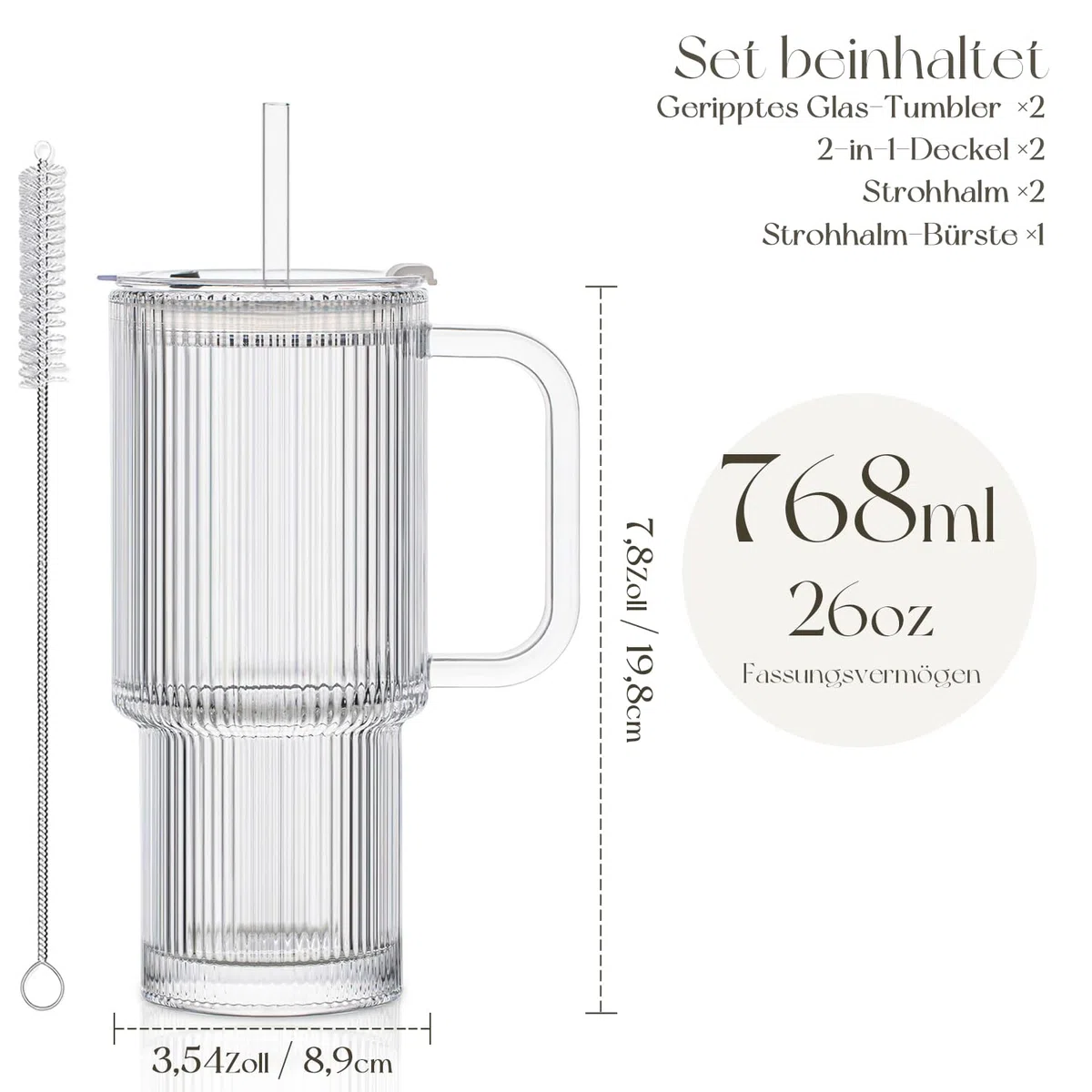 KEMORELA 2er Set 768ml Iced Coffee Glas – Gerippte Glasbecher mit Henkel, Deckel & Strohhalm | Großes Trinkglas für Latte Macchiato, Smoothies, Säfte & Bubble Tea