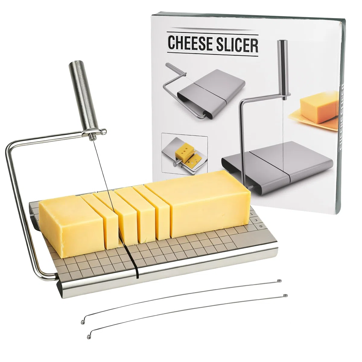 Edelstahl Käsehobel Schneidebrett, Käsebrett Butterschneider, Käsehobel mit Brett und Messgitter, Auswechselbarer Käseschneider für Blockkäse und Butter, Spülmaschinenfest, mit 5 Extra Drähten