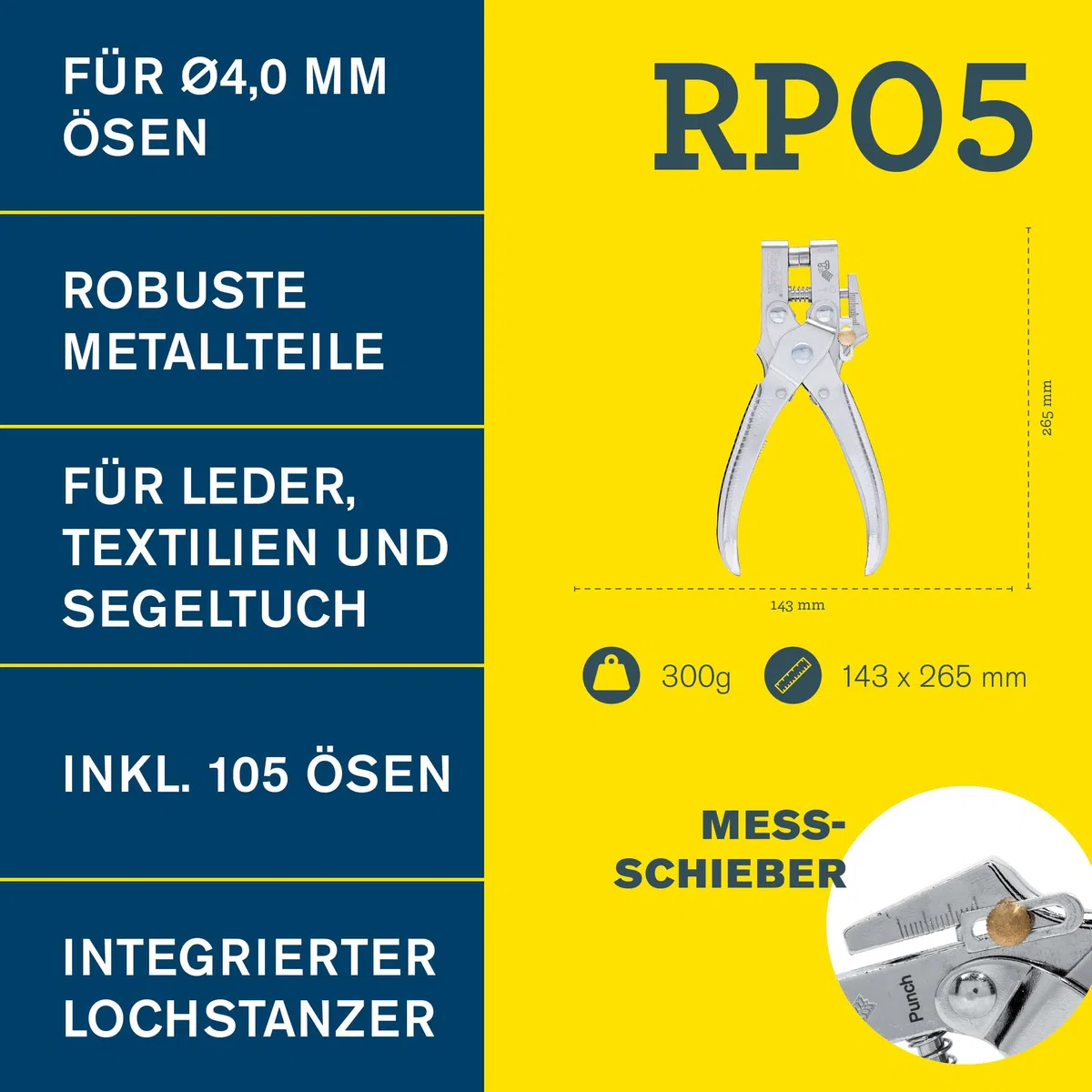 Rapid RP05 Ösenzange Set mit Lochfunktion – Inklusive 105 Ösen (4 mm), Verchromt, Für Leder, Textilien, Schuhe, Segeltuch – 2-in-1 Ösenzange und Lochzange