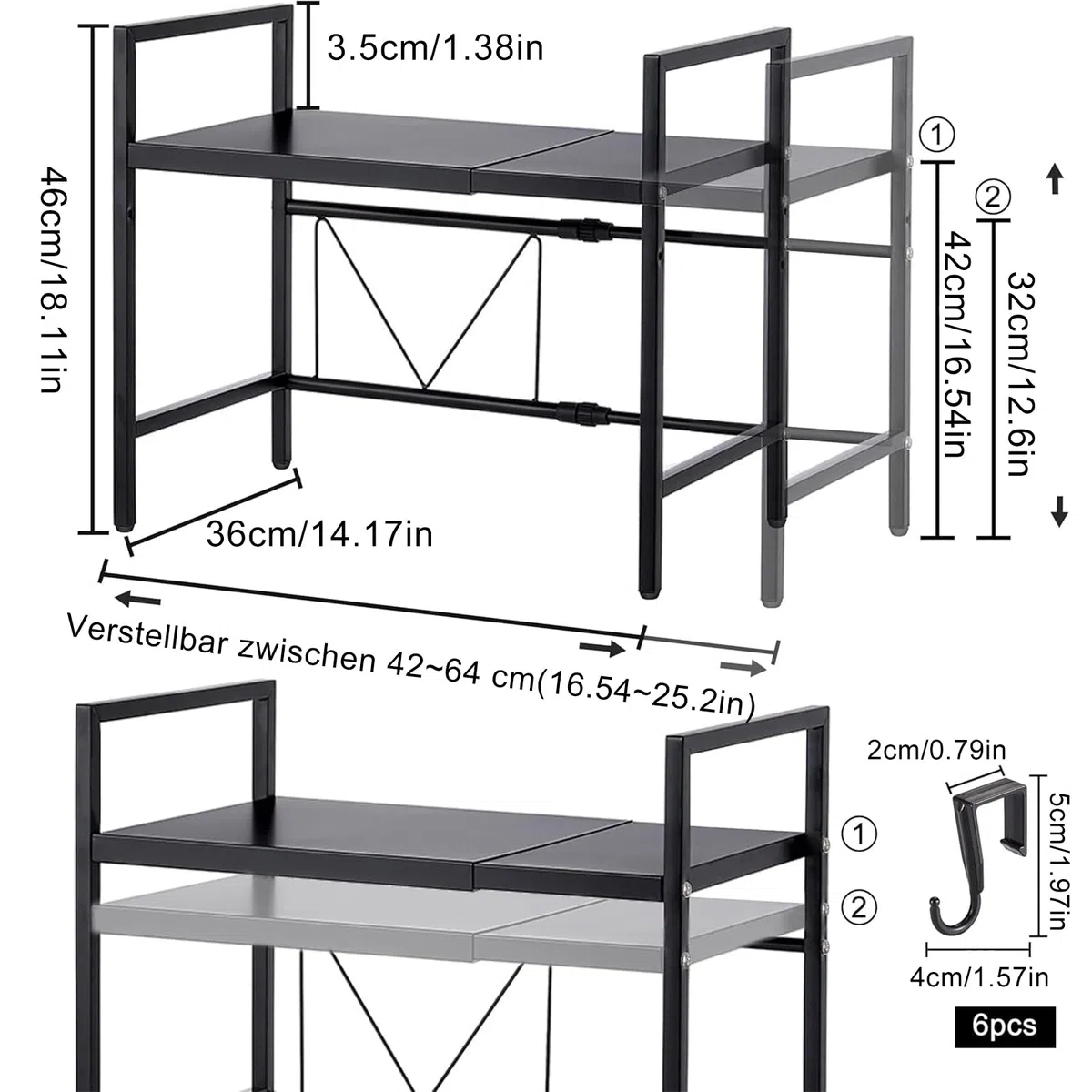Erweiterbares Mikrowellen Regal 2 Stufig mit 6 Haken,Mikrowellenregal Küchenregal Teleskopregal Ausziehbar von 42-64cm,Arbeitsplatte Bäckerregale Gewürzregal Organizer für Küchen (Schwarz-2)