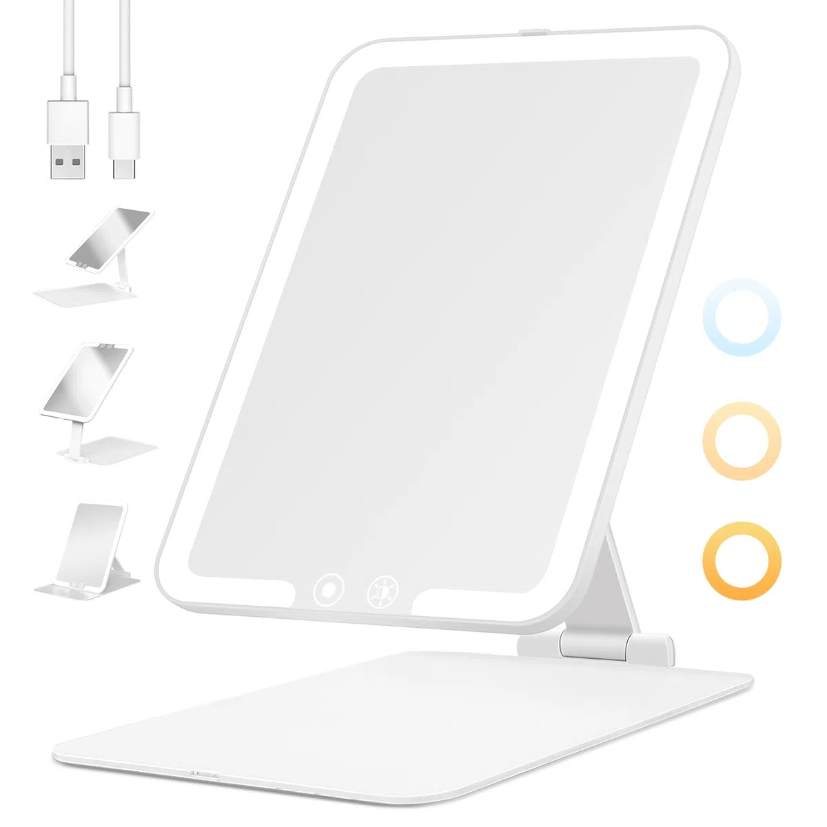 Kosmetikspiegel mit Beleuchtetung, Wiederaufladbar Touchscreen Schminkspiegel, 3 Farben Dimmbarer Faltbar Tischspiegel, Ultraschlank Tragbarer Reisespiegel mit Licht