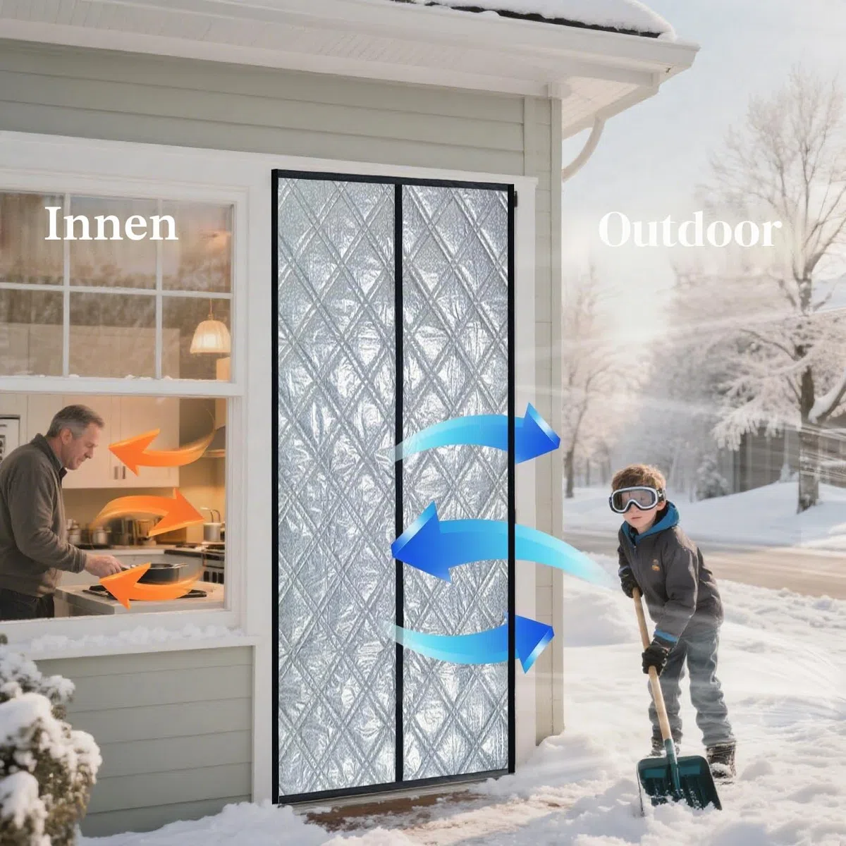 Magnet Wärmeschutzvorhang für Türen 96x210 cm - 3-fach verstärkter Winter-Isoliervorhang aus Oxford-Stoff, Baumwolle & Alufolie. Blockiert Kälte, Wind und Wärmeverlust. Schwarz