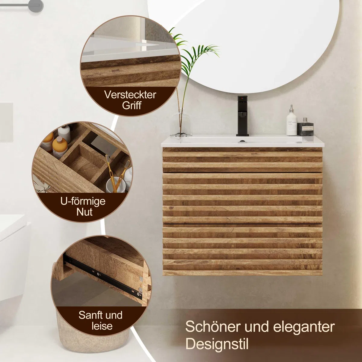 UEV Waschtisch mit Unterschrank, Waschbeckenunterschrank 60cm hängend, Schubladen mit Soft-close-System, Waschplatz, Wandwaschbecken, Badezimmmer Möbel für Gäste WC, Badmöbel Set für Badezimmer, Natur