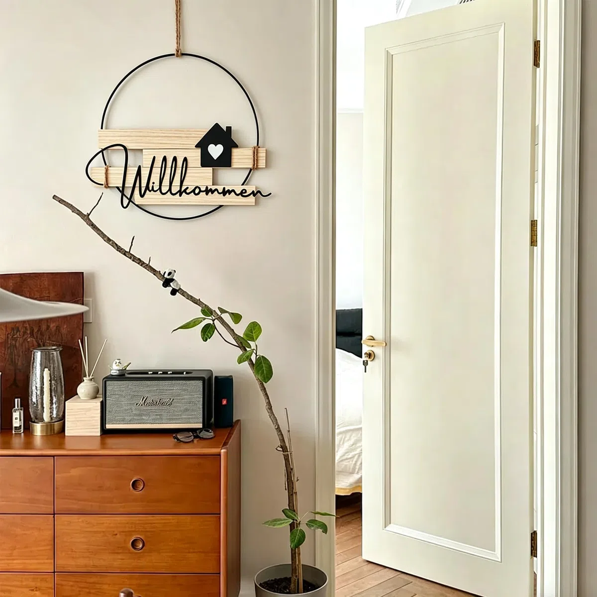 Türkranz Willkommen Ganzjährig, Willkommensschild Haustür aus Metall und Holz, Boho Türdeko Haustür Deko Kranz Hängedeko für Eingang, Garten, Frühling, Sommer, Herbst, Winter