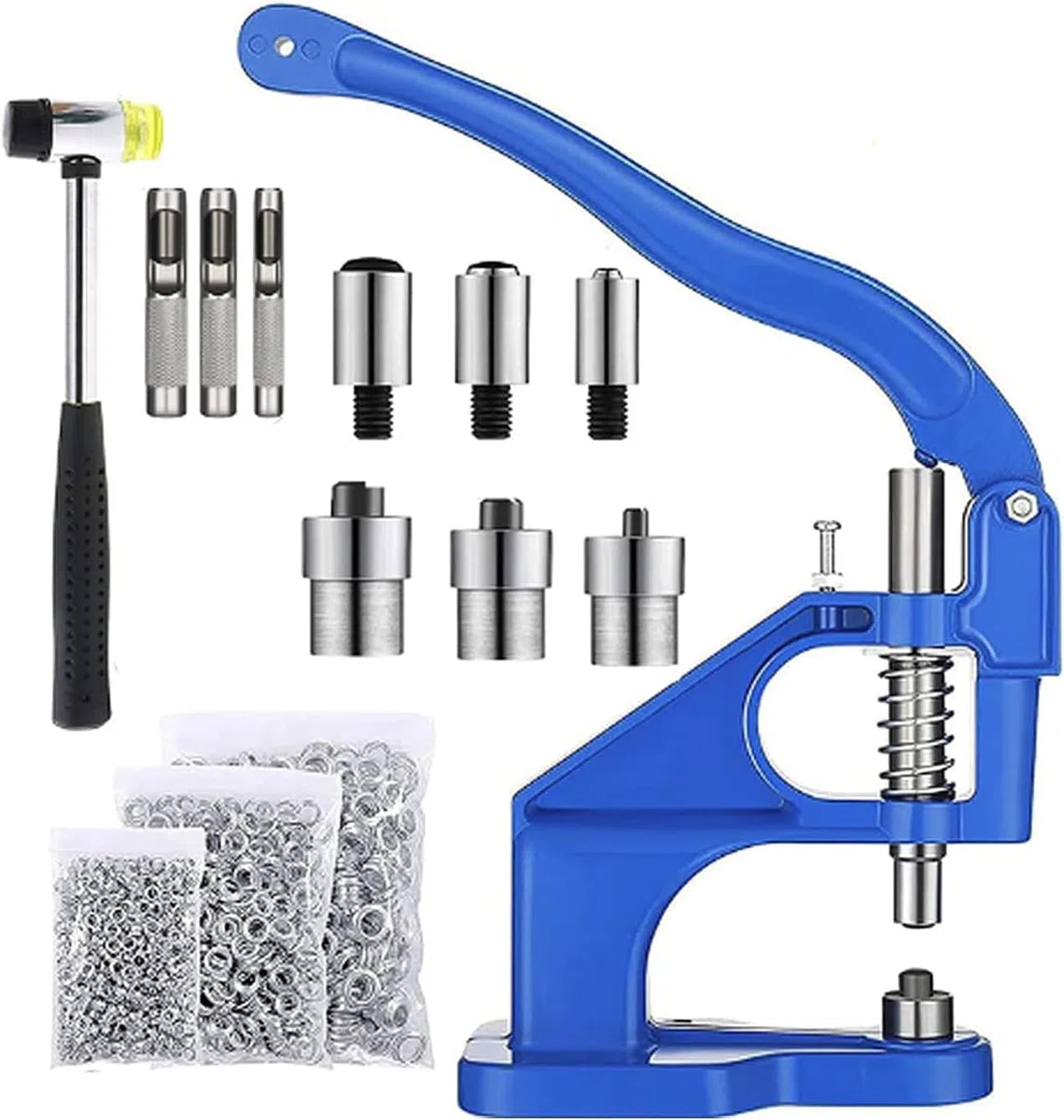 Topsky Multifunktionales Ösenpresse Handpresse Set mit Hammer: 3 Stempelsätze und 1500 Ösen (6/10/12 mm) inklusive – Perfekt für Ösen, Druckknöpfe und mehr – Ihre All-in-One Werkzeuglösung