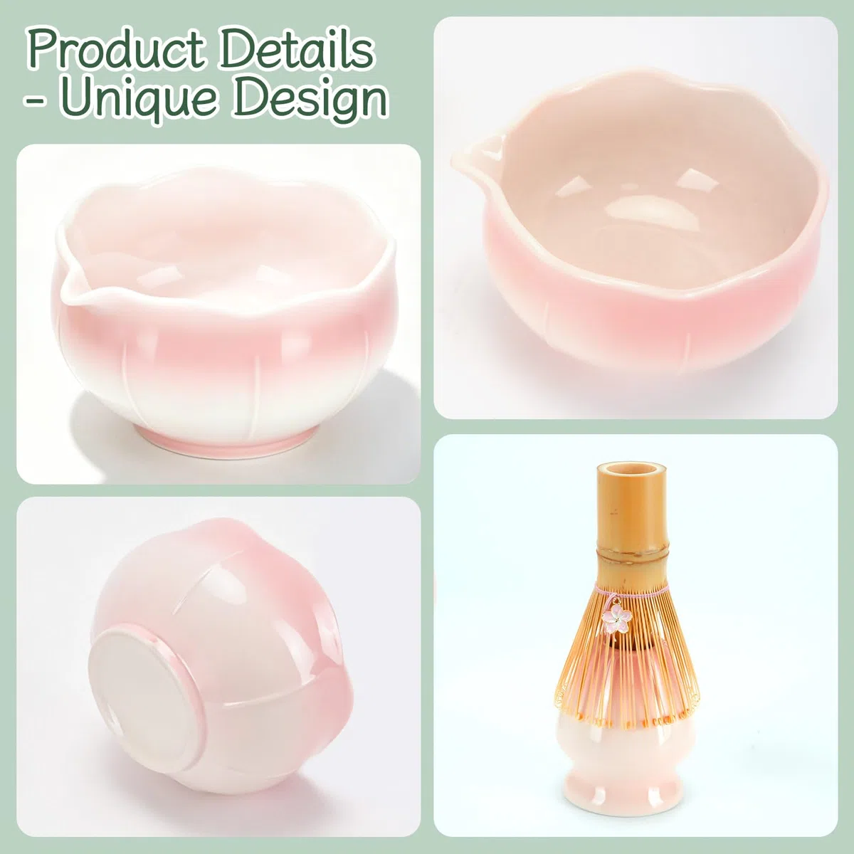 Matcha Besen Set, Matcha Set Rosa - Matcha Schale mit Ausgießer, Bambus Matcha Besen, Besenhalter, Sieb, Löffel und Halter, Japanisches Matcha Kit für Matcha-Liebhaber (Rosa)