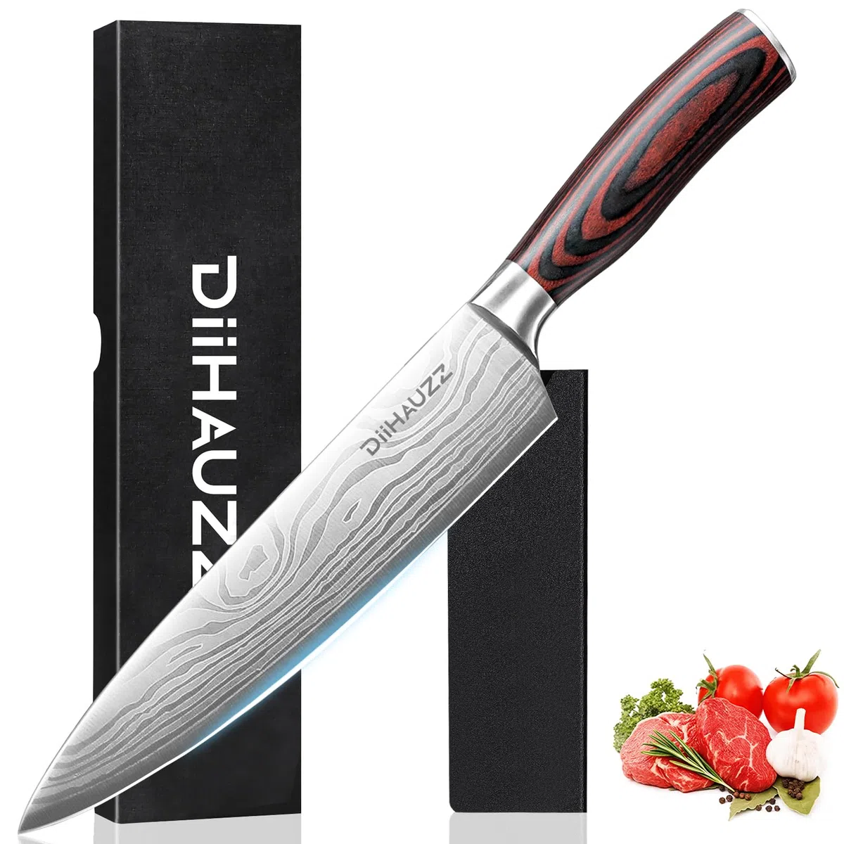 DiiHAUZZ Kochmesser, 20 cm Klingenlänge Fleischmesser, Ultrascharfes Küchenmesser, Messer aus 5Cr15MoV Edelstahl, Allzweckmesser mit Ergonomischem Pakkaholz Griff, für Zuhause, Restaurant