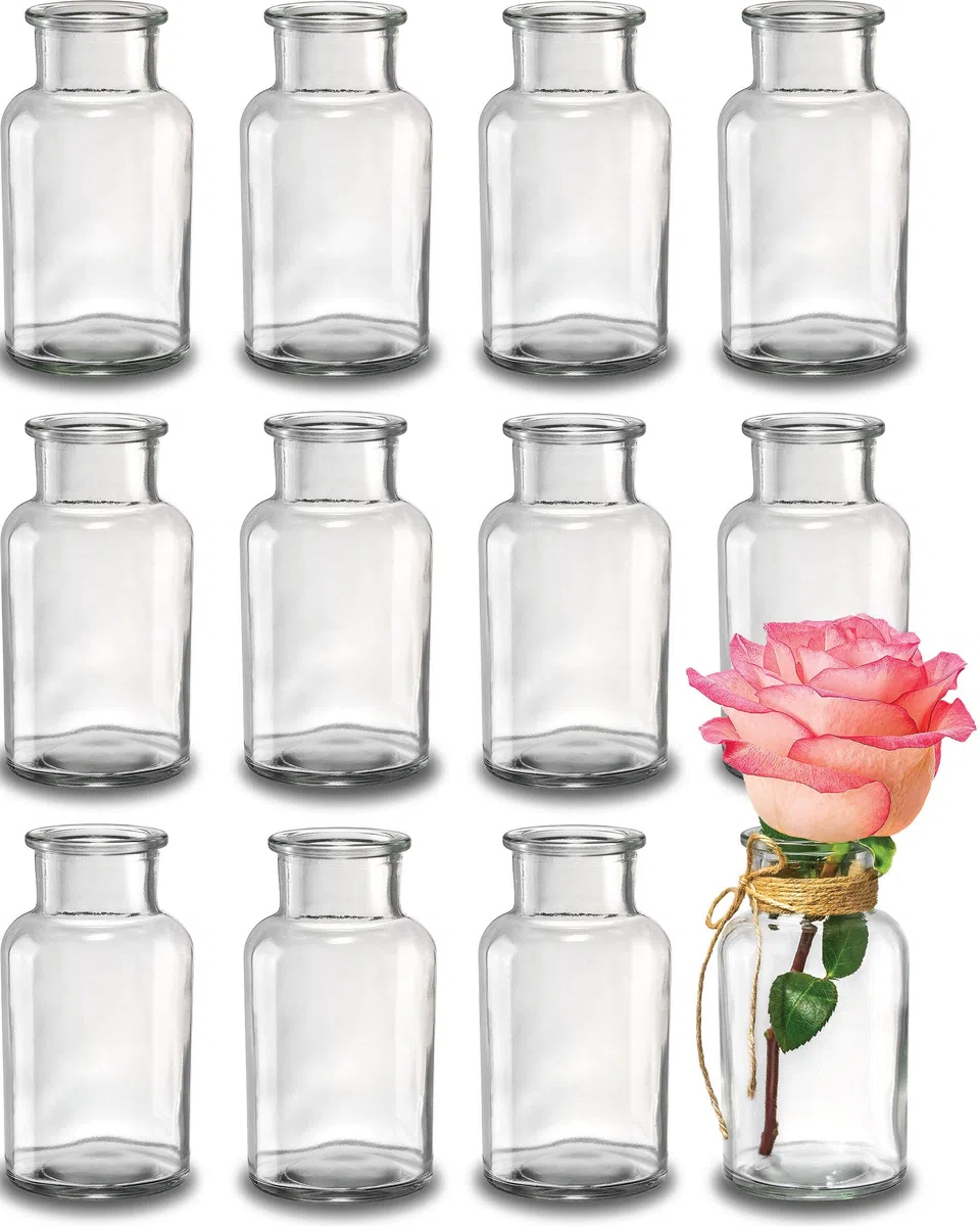 Praknu 12 Kleine Glasvasen - 12,5 cm hoch - Inklusive Juteschnur - Vintage Design - Traumhafte Deko für Hochzeit - Spülmaschinenfest Mini-Vasen für Tischdeko – Kleine Vasen für Tischdekoration