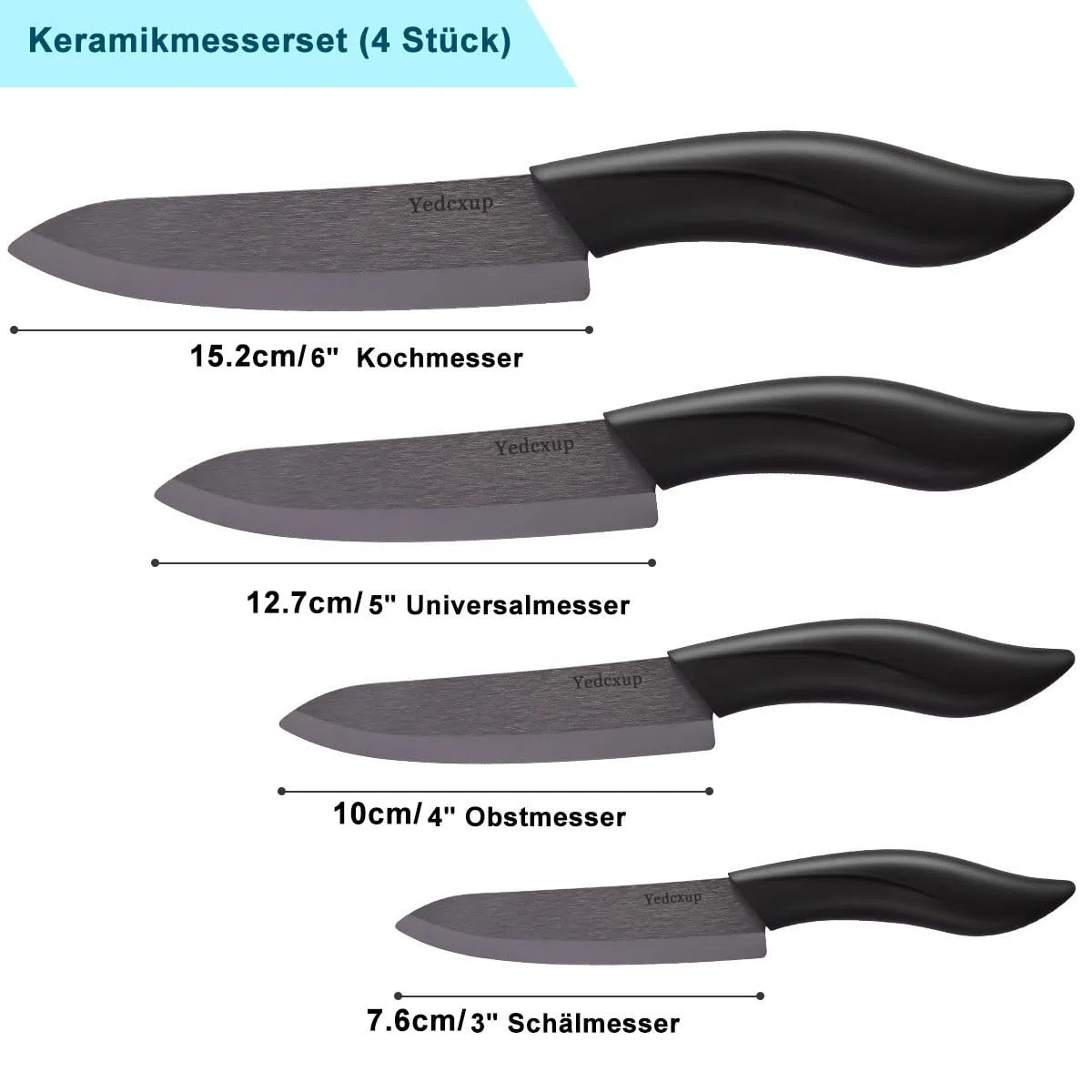 Keramikmesser Set 4 - Sehr scharf Gemüsemesser Gute Handhabung küchenmesser klein, Enthält ein 7.6cm Schälmesser, ein 10cm Obstmesser, ein 12.7cm Universalmesser, ein 15.2cm Kochmesser (Schwarz)