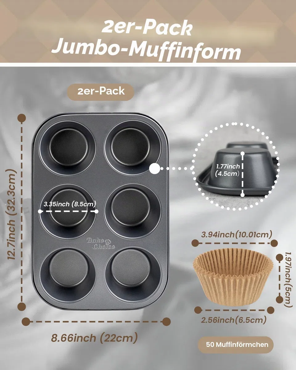 Bake Choice 2 Pack Jumbo Muffin Backform, mit 50 Natürlicher Jumbo Muffinförmchen Papier, 6-Fach Antihaft-Muffinform, Backform Set aus Kohlenstoffstahl
